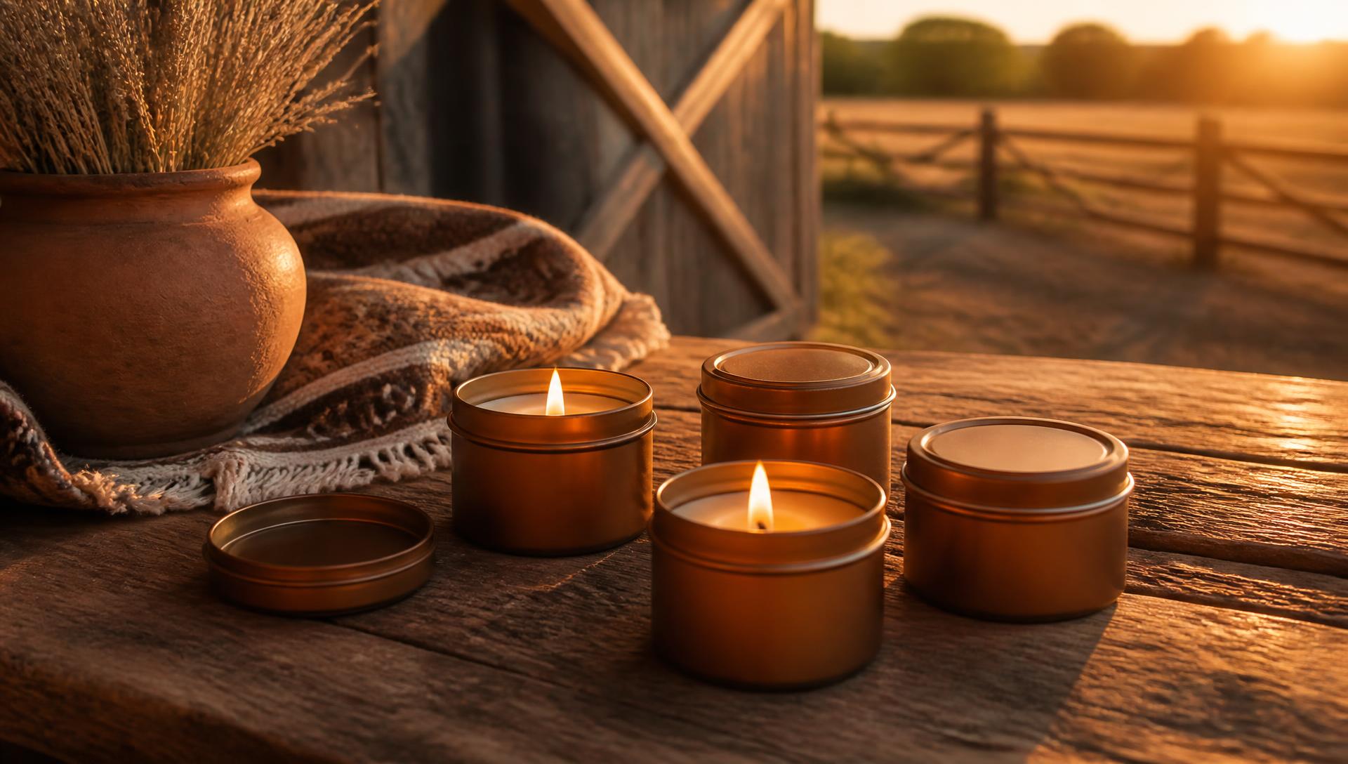 Hand poured candle tins glowing on a weathered wooden table at sunset