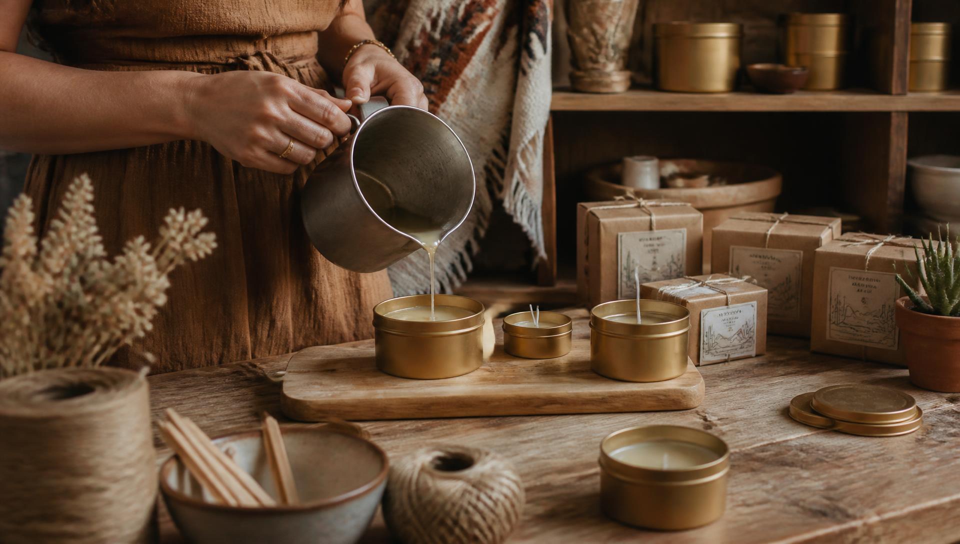Raquel pouring parasoy wax into candle tins in her small workshop