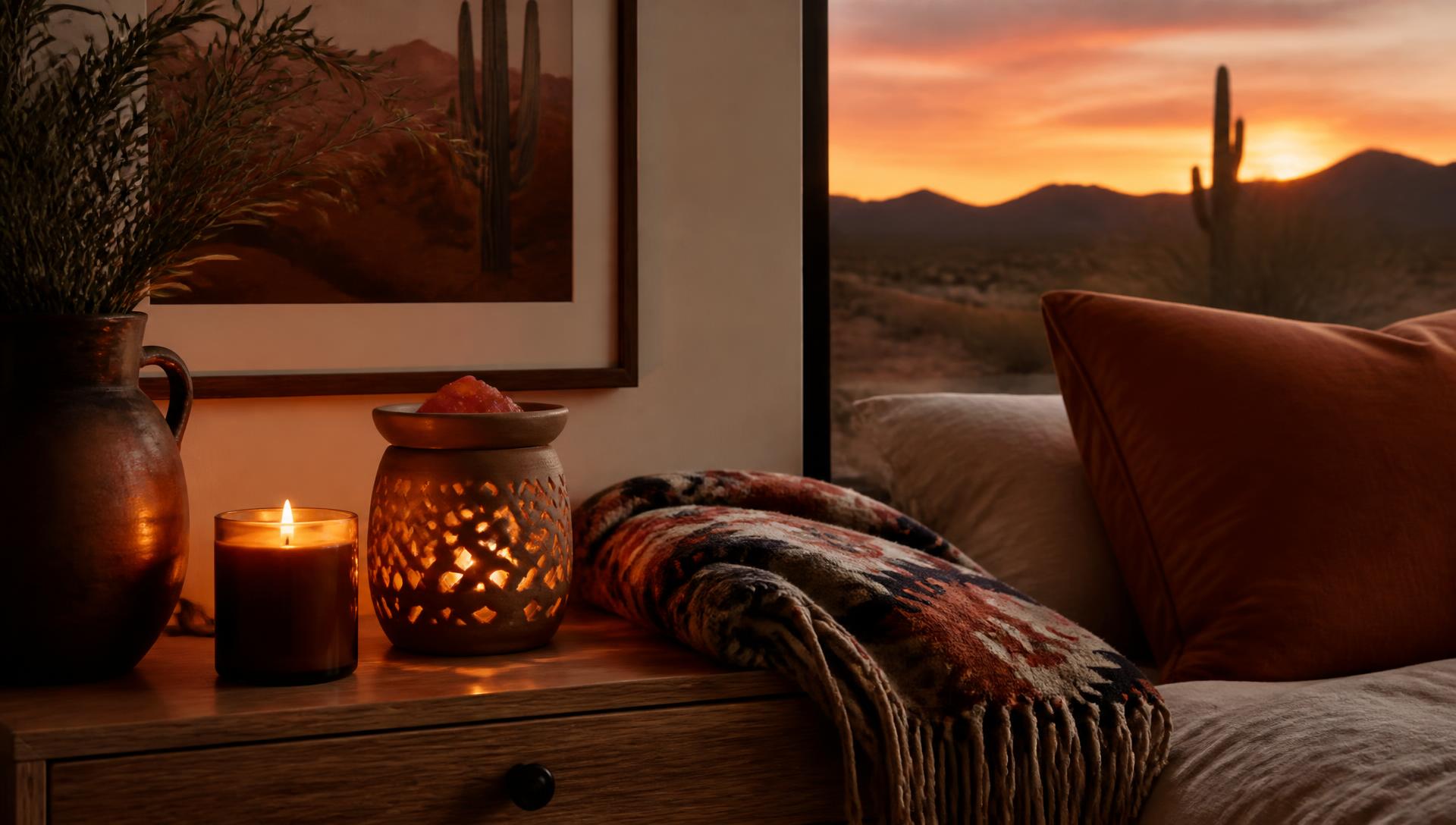 A lit candle and glowing wax warmer on a nightstand at desert dusk