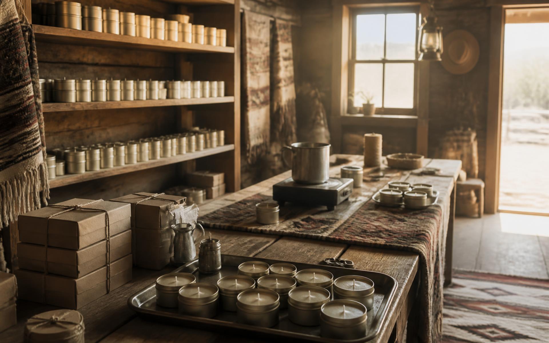 Shelves of hand poured candle tins in the bunkhouse workshop